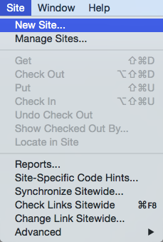 The Site menu with New Site selected.