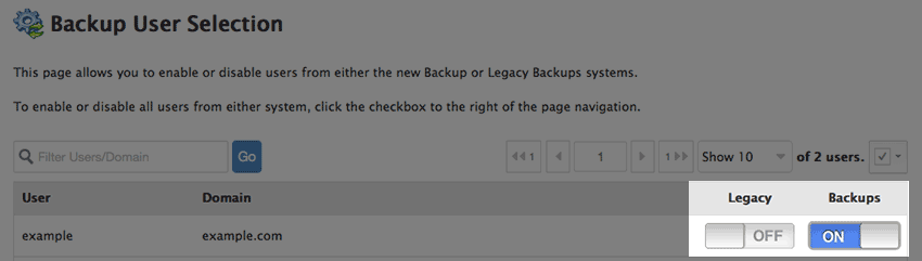 Selecting backups for users.