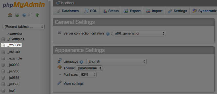 Selecting a database in phpMyAdmin.