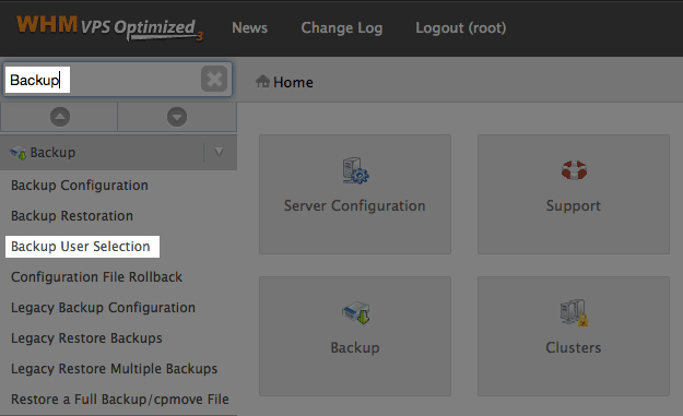Searching Backup in the WHM.